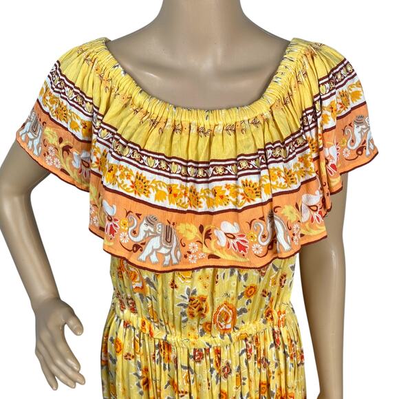 Margaux Riviera Yellow Floral Elephant Flounce Boho Hippie Maxi Dress SZ M - Picture 3 of 9